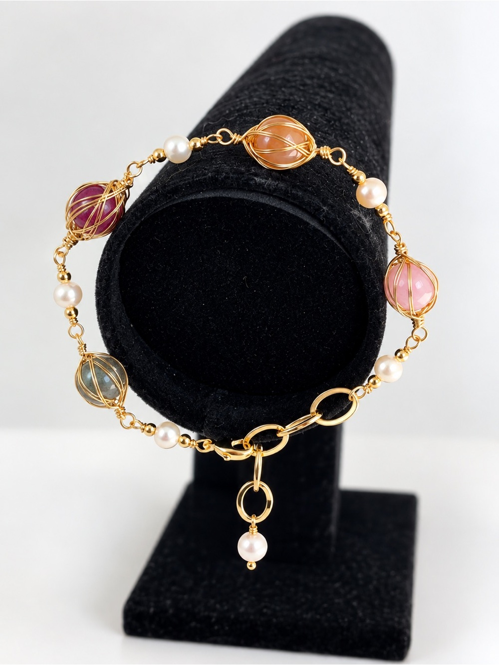 Handmade Freshwater Pearl & Multicolor Gemstone Gold Wire Bracelet